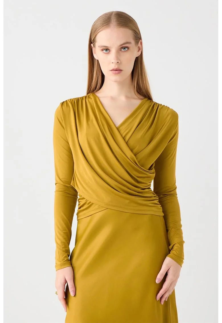 Bluza cu decolteu cache-coeur, Galben mustar
