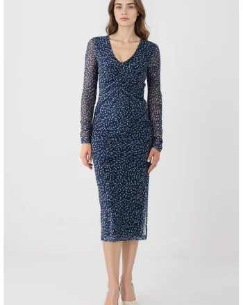 Rochie cambrata cu buline, Alb/Albastru inchis
