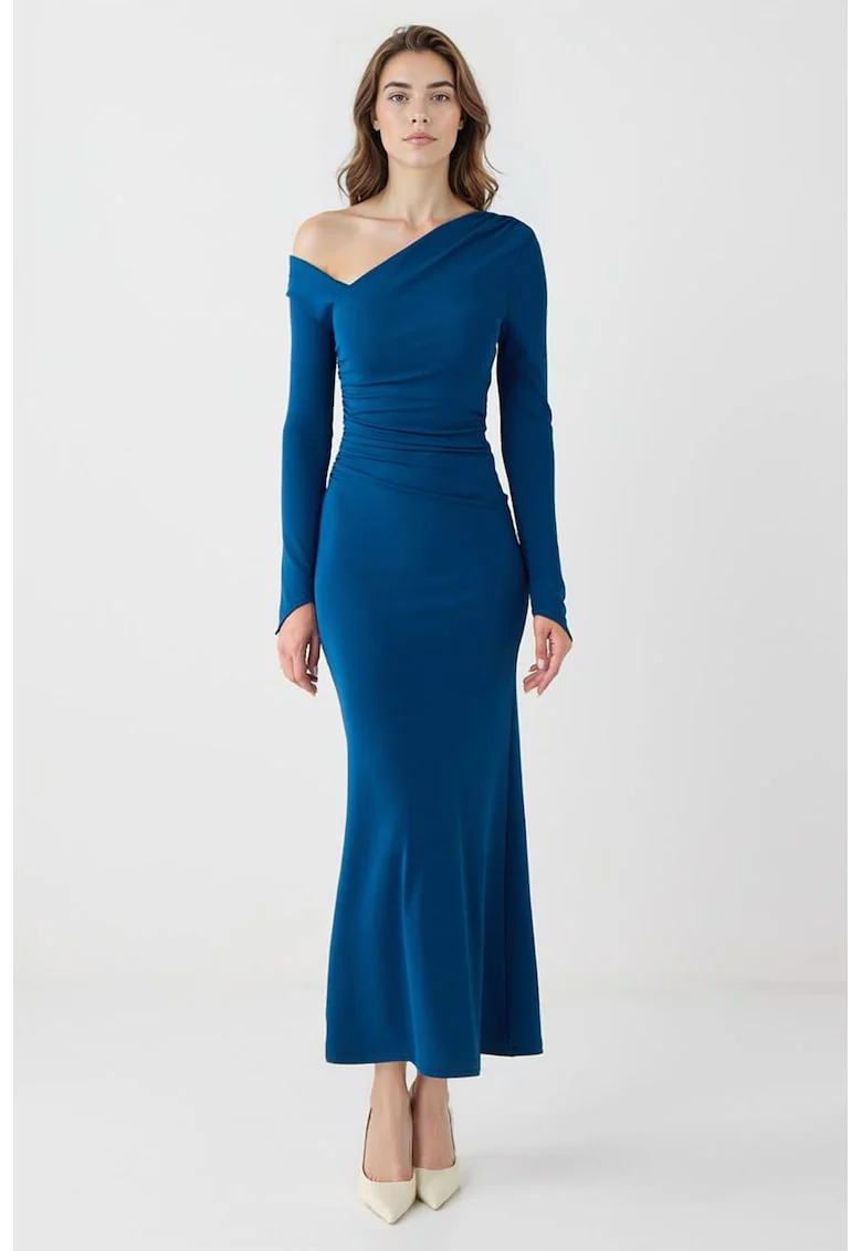 Rochie maxi cu decolteu pe un umar, Albastru royal