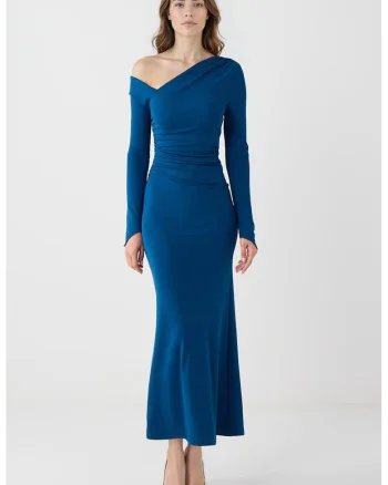 Rochie maxi cu decolteu pe un umar, Albastru royal