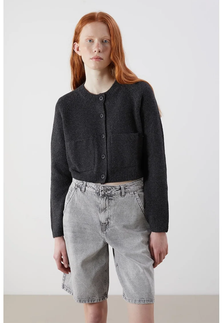 Cardigan crop lejer din amestec de lana, Gri antracit