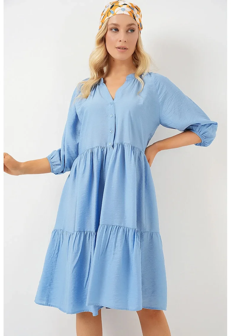 Rochie midi dama HiCCUP, maneci trei sferturi, viscoza/nylon, albastru