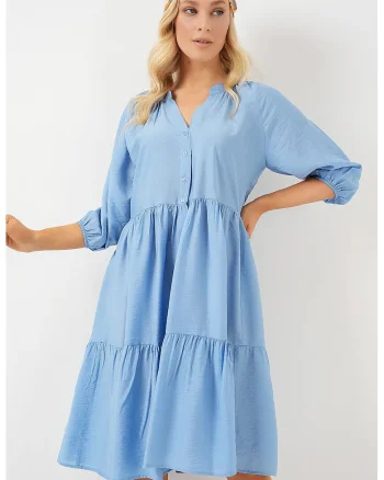 Rochie midi dama HiCCUP, maneci trei sferturi, viscoza/nylon, albastru
