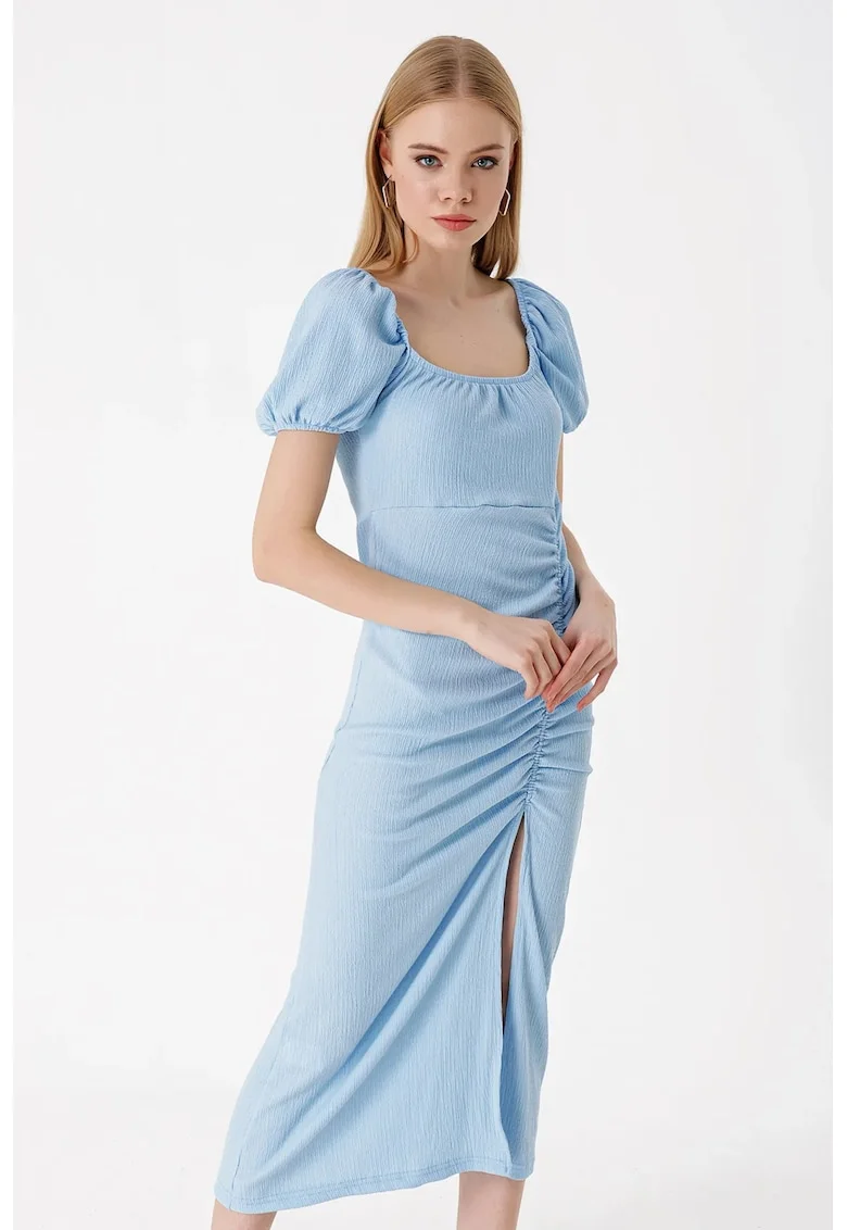 Rochie midi tricotata dama HiCCUP, decolteu patrat, poliester/lycra, albastru
