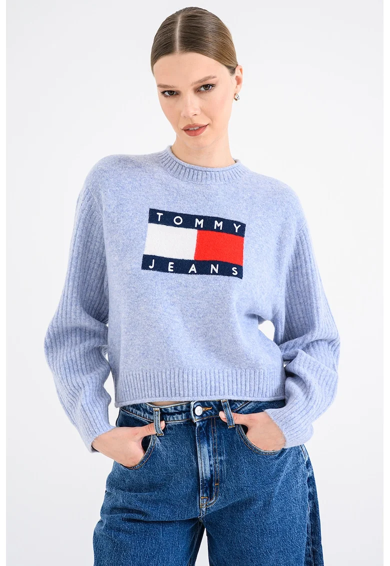 Pulover cu decolteu la baza gatului si logo, Albastru lavanda