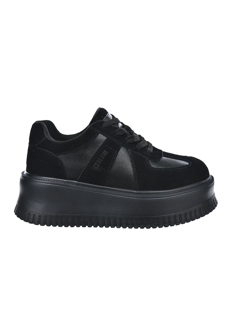 Pantofi spprt wedge de piele si piele intoarsa, Negru