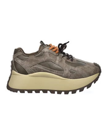 Pantofi sport flatform de piele cu garnituri de piele intoarsa, Maro taupe/Kaki