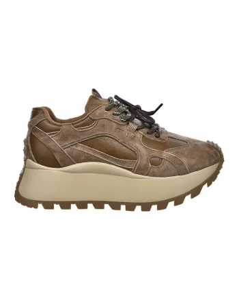 Pantofi sport flatform de piele cu garnituri de piele intoarsa, Maro deschis