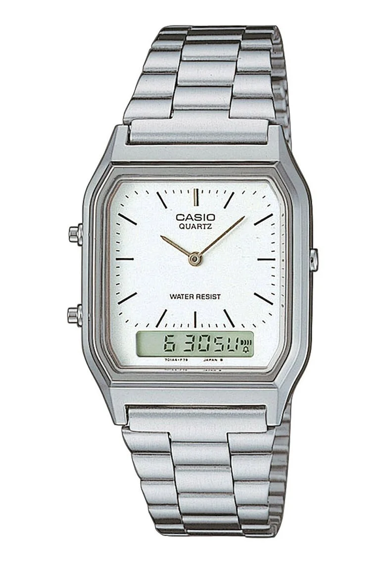 Ceas analog si digital unisex cu bratara din otel inoxidabil si model vintage, Argintiu