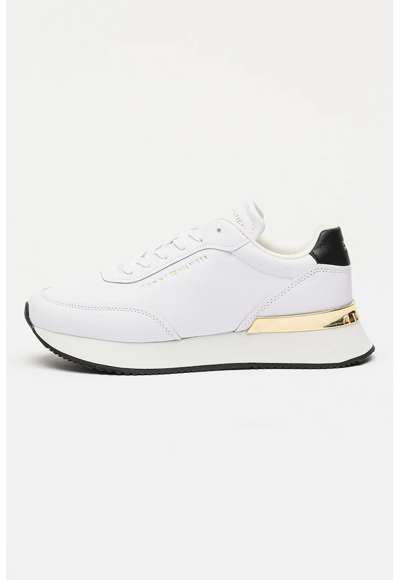 Pantofi sport de piele cu logo discret, Alb/Auriu