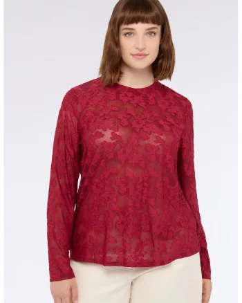 Bluza din dantela cu decolteu la baza gatului, Rosu vermillion