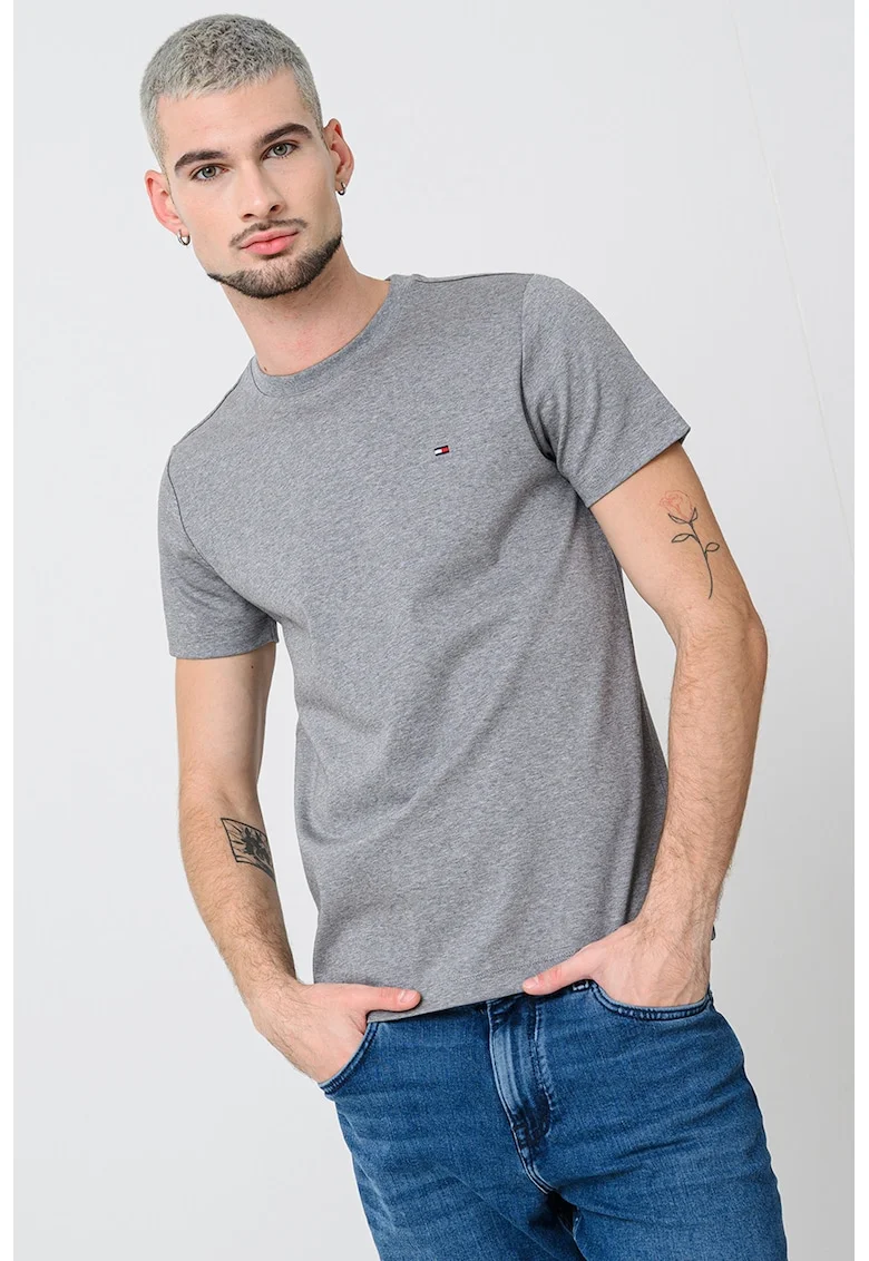 Tricou slim fit cu decolteu la baza gatului, Gri melange