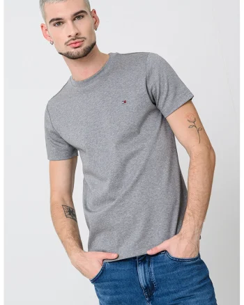 Tricou slim fit cu decolteu la baza gatului, Gri melange