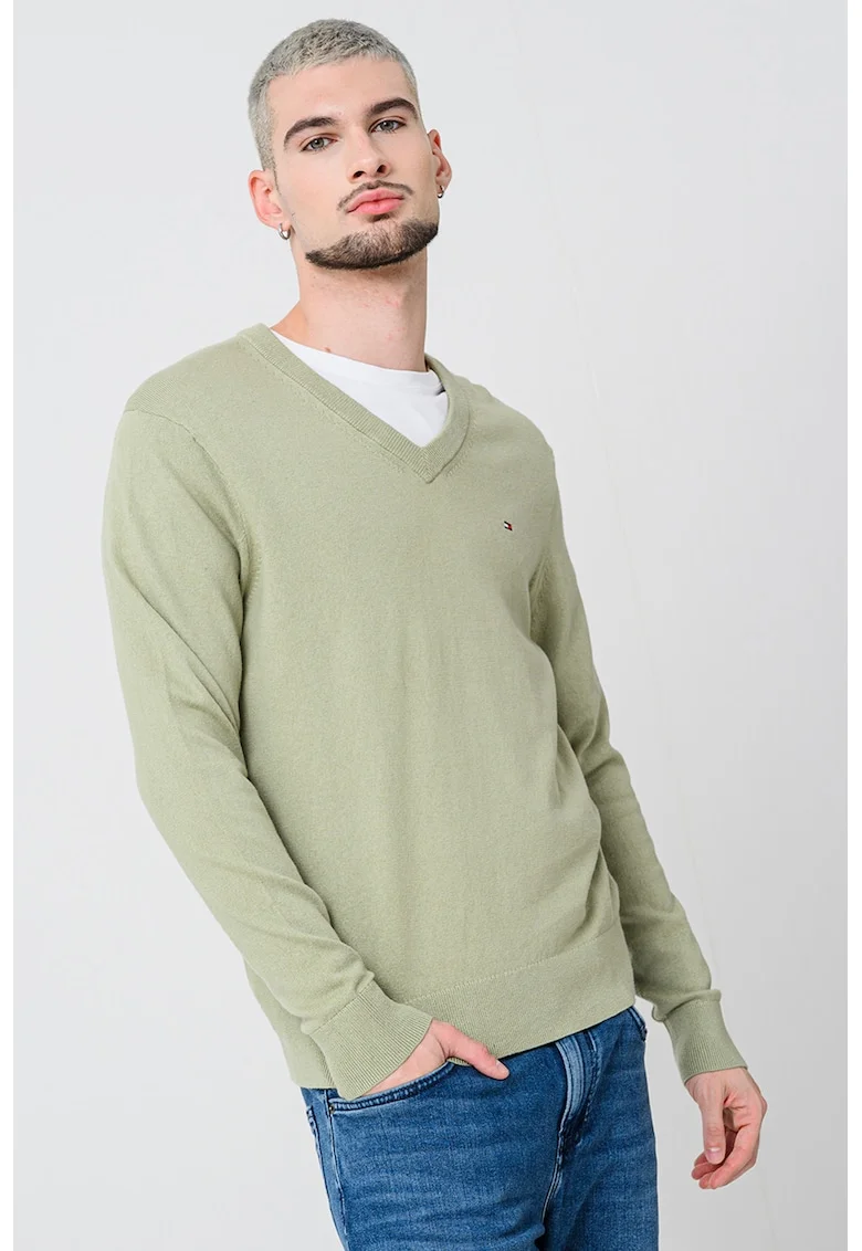 Pulover din amestec de bumbac organic si casmir cu decolteu in V, Verde sparanghel