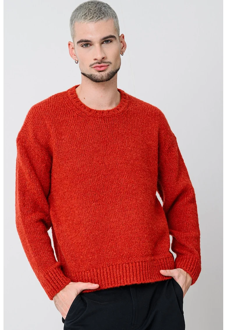 Pulover din amestec de lana alpaca a cu maneci cazute, Rosu