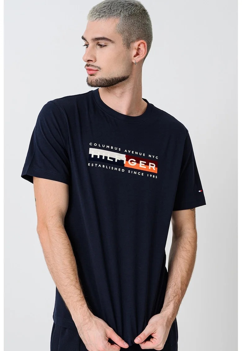 Tricou cu decolteu la baza gatului si imprimeu, Alb/Visiniu/Bleumarin