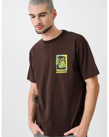 Tricou de bumbac cu design grafic, Maro inchis/Turcoaz