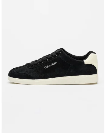 Pantofi sport de piele intoarsa cu logo lateral si talpa joasa, Alb/Negru