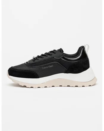 Pantofi sport din piele si plasa, cu aspect masiv, Alb/Negru