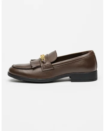 Pantofi loafer din piele cu detaliu metalizat, Maro inchis