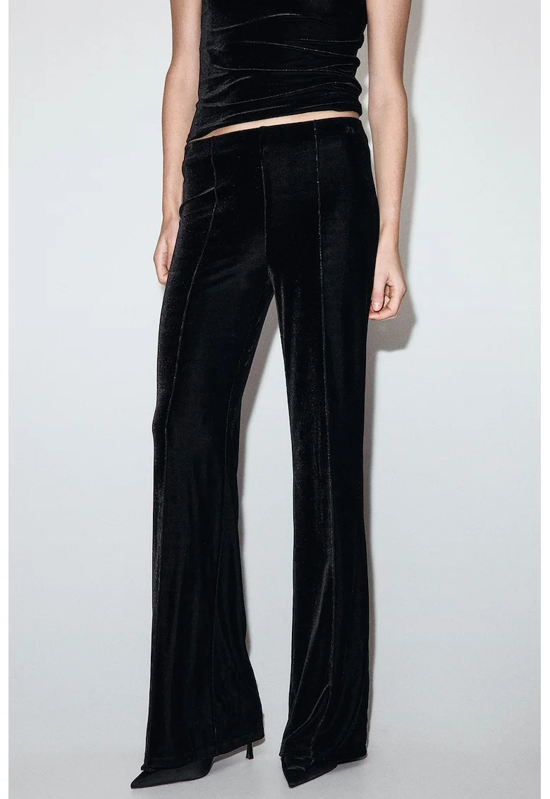 Pantaloni cu aspect de catifea si cusaturii contrastante, Negru