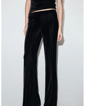 Pantaloni cu aspect de catifea si cusaturii contrastante, Negru