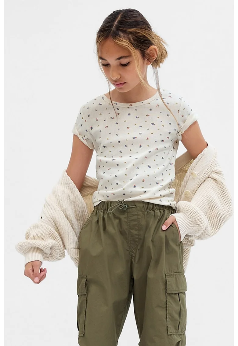 Tricou cu model floral si decolteu la baza gatului, Alb murdar