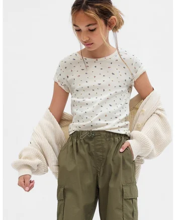Tricou cu model floral si decolteu la baza gatului, Alb murdar