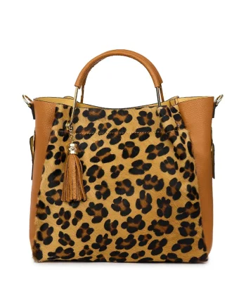 Geanta din piele cu par de ponei Fabiana, coniac/animal, Animal print/Coniac