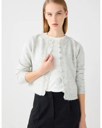 Cardigan slim fit cu terminatie valurita, Gri melange