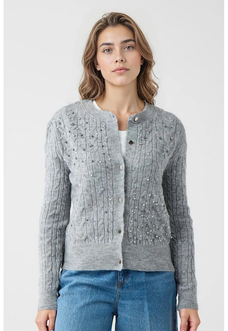 Cardigan din amestec de lana cu decoratii, Gri melange