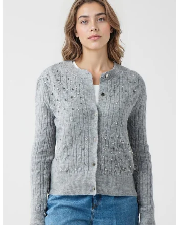 Cardigan din amestec de lana cu decoratii, Gri melange