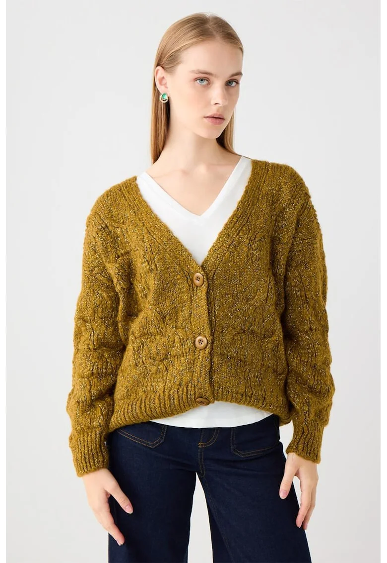 Cardigan din amestec de lana cu decolteu in V, Verde masliniu