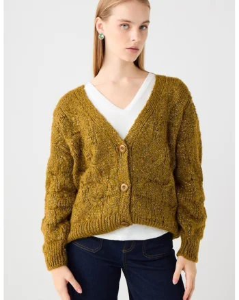 Cardigan din amestec de lana cu decolteu in V, Verde masliniu