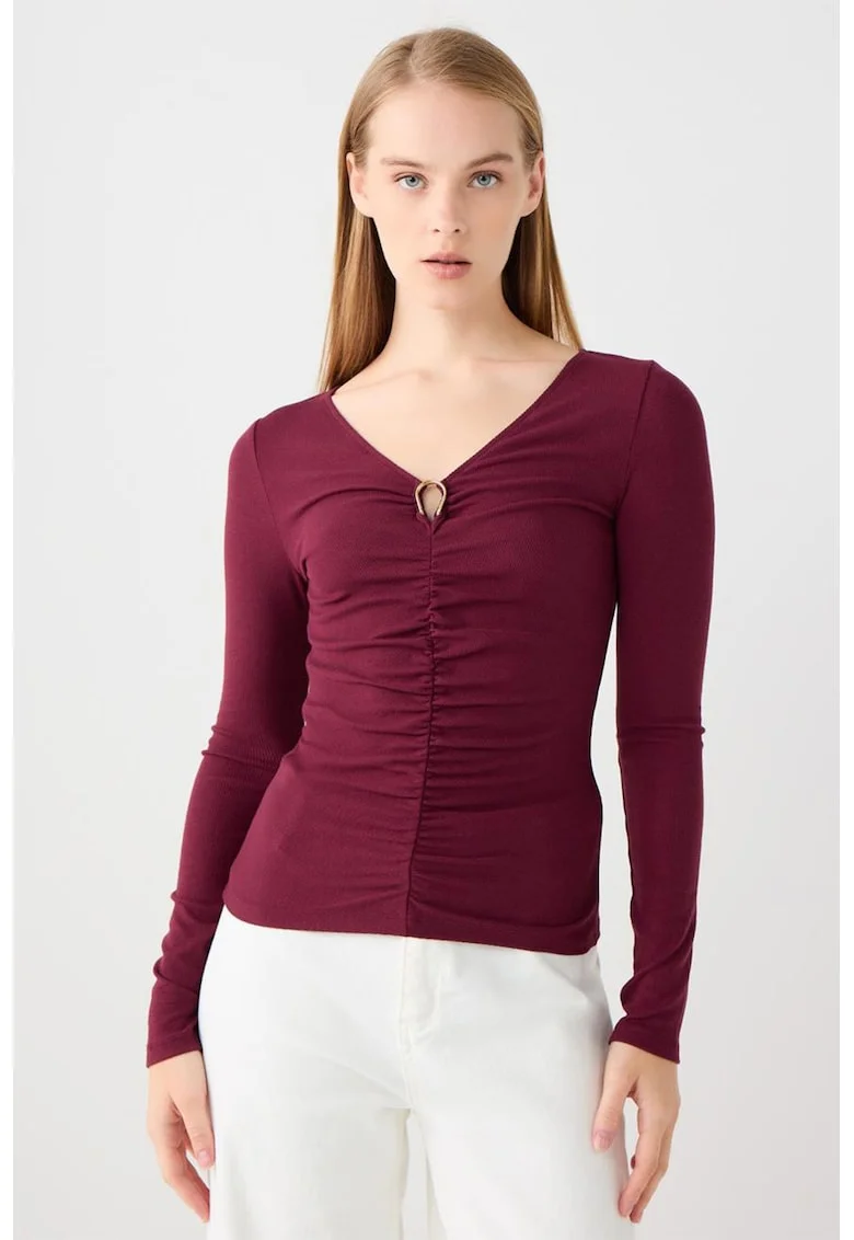 Bluza slim fit cu drapaj frontal, Visiniu