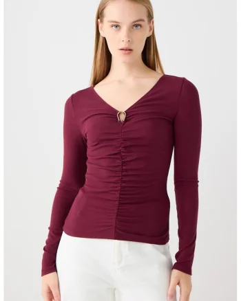 Bluza slim fit cu drapaj frontal, Visiniu