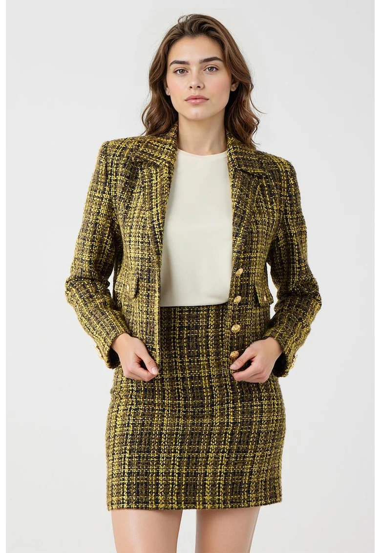 Sacou din tuid cu model in carouri, Negru/Galben/Kaki