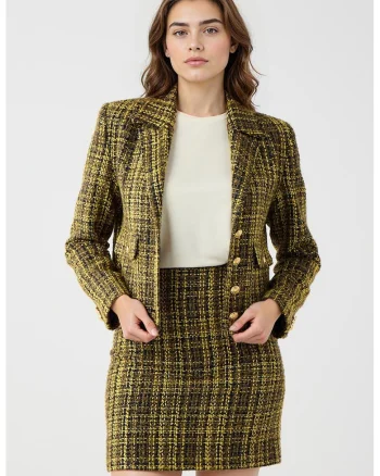 Sacou din tuid cu model in carouri, Negru/Galben/Kaki