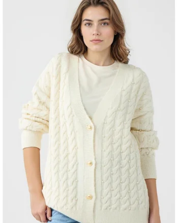Cardigan supradimensionat cu model torsade si perle sintetice, Alb fildes