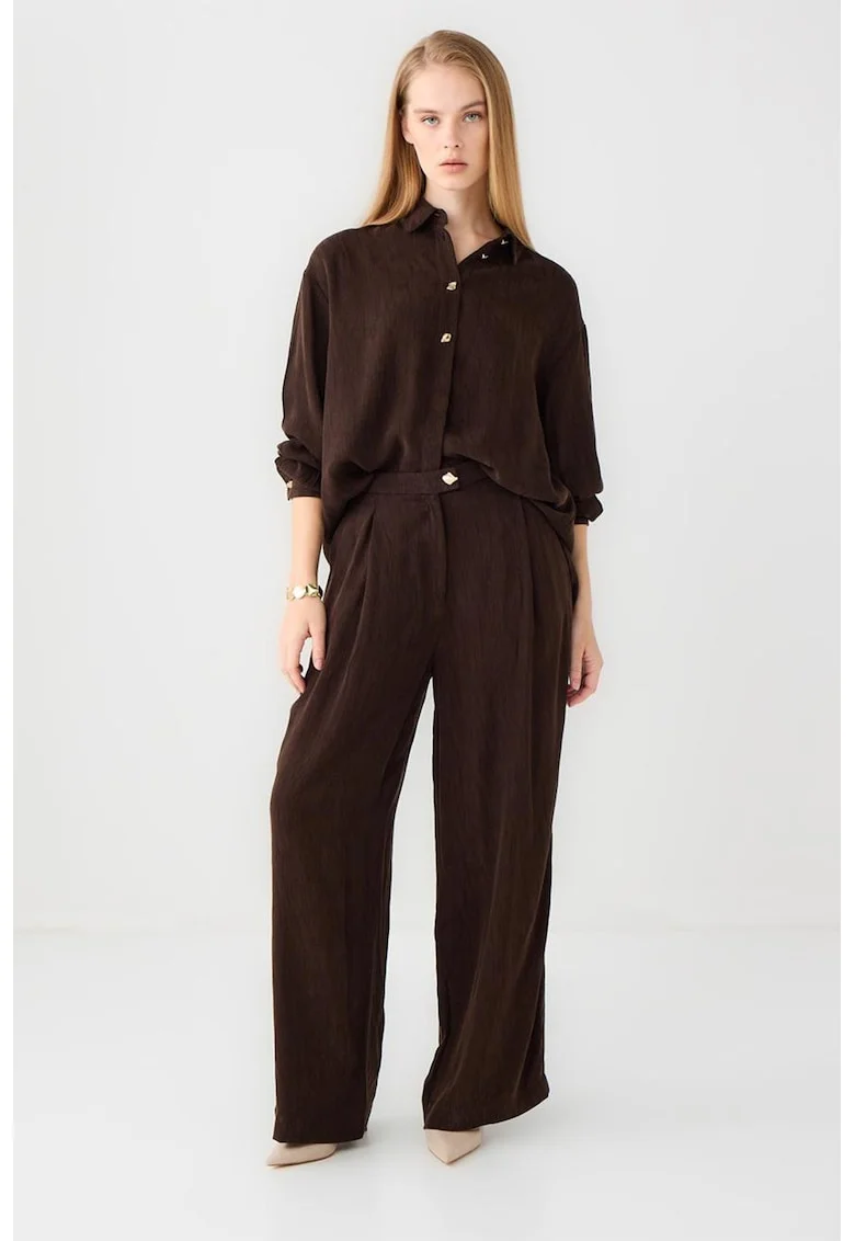 Pantaloni texturati cu talie inalta si croiala ampla, Maro inchis