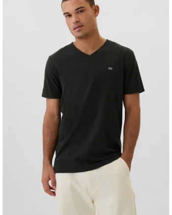 Tricou de bumbac cu decolteu in V, Negru