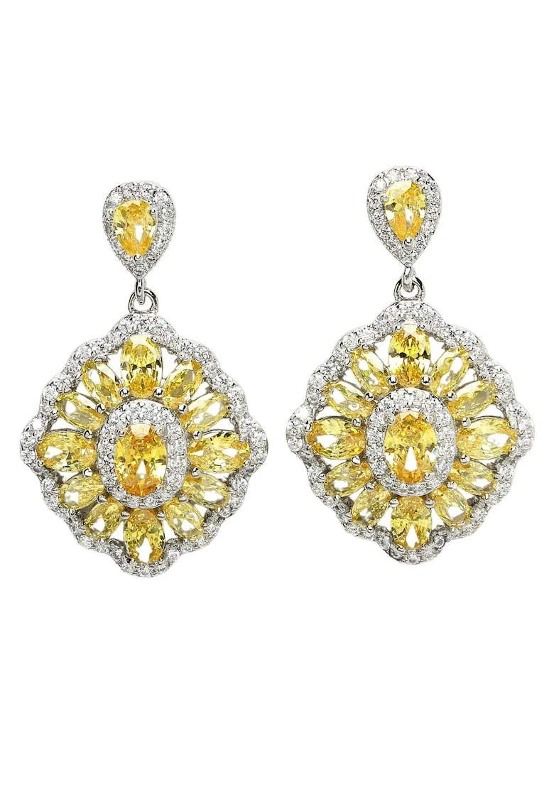 Cercei drop cu model in doua tonuri si zirconia cubica, Galben