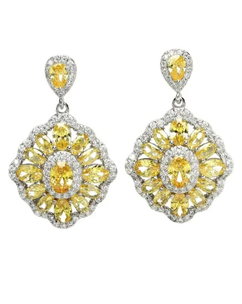Cercei drop cu model in doua tonuri si zirconia cubica, Galben