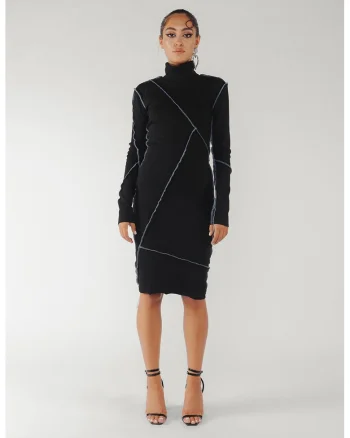 Rochie cambrata de bumbac cu benzi contrastante, Negru