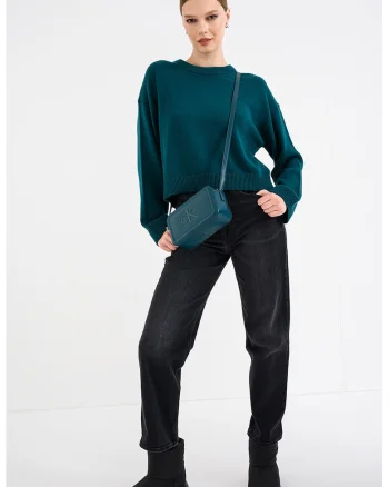 Pulover uni din bumbac cu maneci cazute, Verde inchis