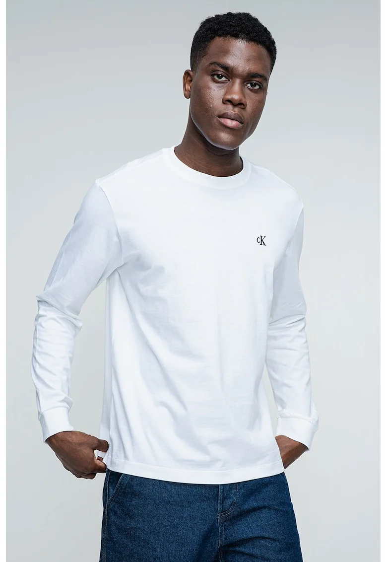 Bluza de bumbac cu logo discret, Alb