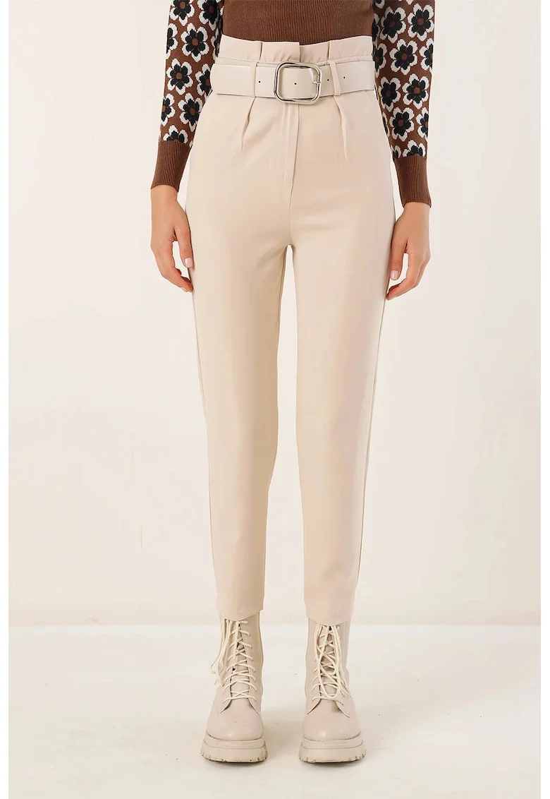 Pantaloni dama, HiCCUP, drepti pana la glezna, crem, poliester-lycra