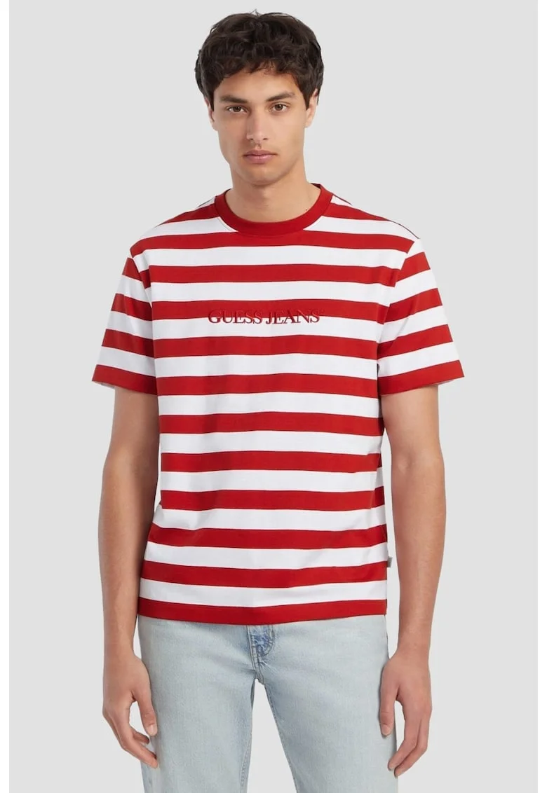 Tricou cu imprimeu in dungi si logo brodat, Rosu