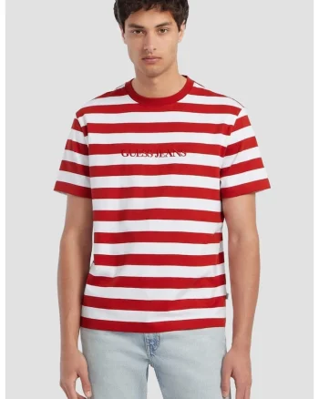 Tricou cu imprimeu in dungi si logo brodat, Rosu