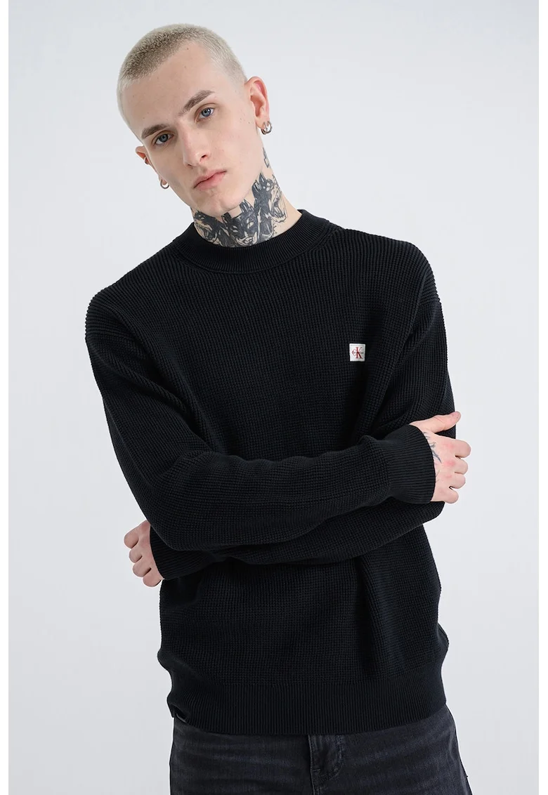 Pulover tricotat cu aplicatie logo discreta, Bleumarin